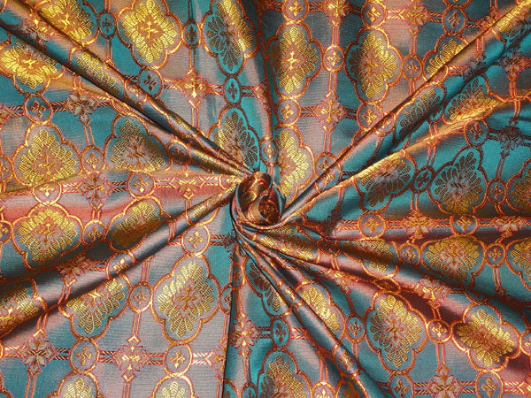SILK BROCADE FABRIC BROWN, BLUEISH GREEN X RED COLOR 44" wide VESTMENT BRO476[4]