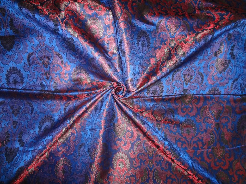 SILK BROCADE FABRIC Navy, Green & Metallic Red COLOUR 44" wide BRO253[2]