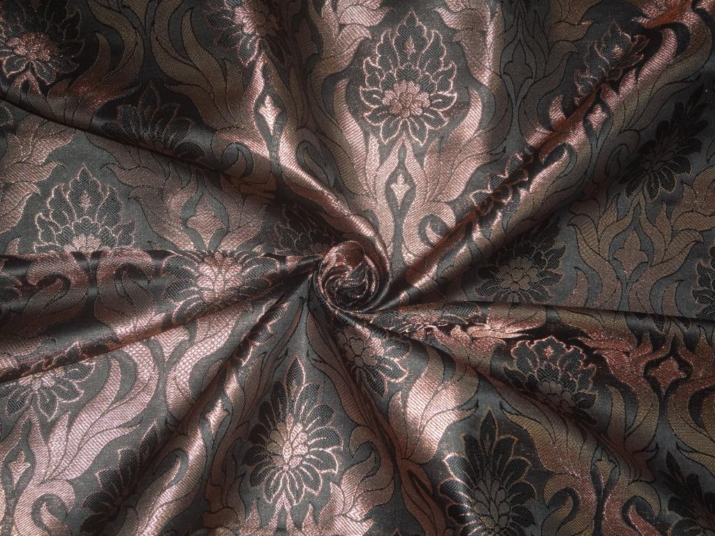 SILK BROCADE FABRIC Black &amp; Metallic Bronze COLOUR