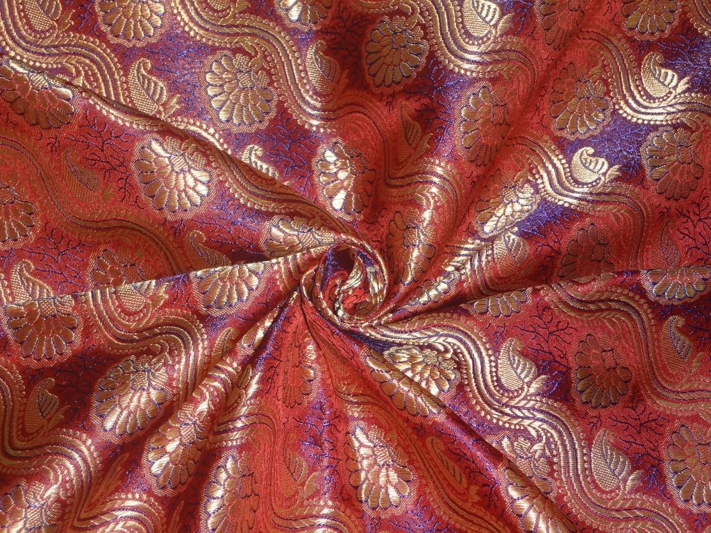 Pure SILK BROCADE FABRIC Red,Blue & Metallic Gold color 44" wide BRO264[3]