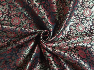 Pure SILK BROCADE FABRIC Red, Black & Metallic Gold color 44" wide BRO264[4]