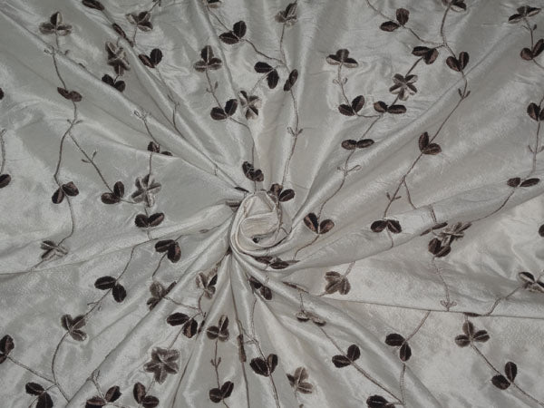 SILK DUPION IVORY WITH BROWN VELVET EMBROIDERY CUT LENGTH 4.75 YARDS [7094]