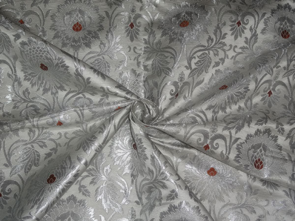 HEAVY SILK BROCADE FABRIC WHITE, METALLIC SILVER X BROWN COLOR 36" wide BRO491[2]