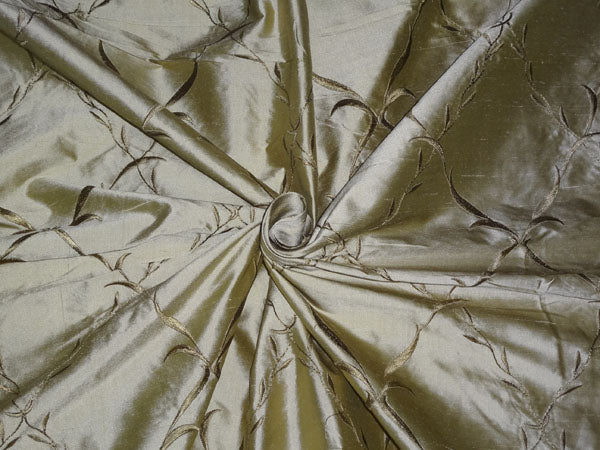 54 inch wide silk dupioni fabric light olive green with dark olive green embroidery