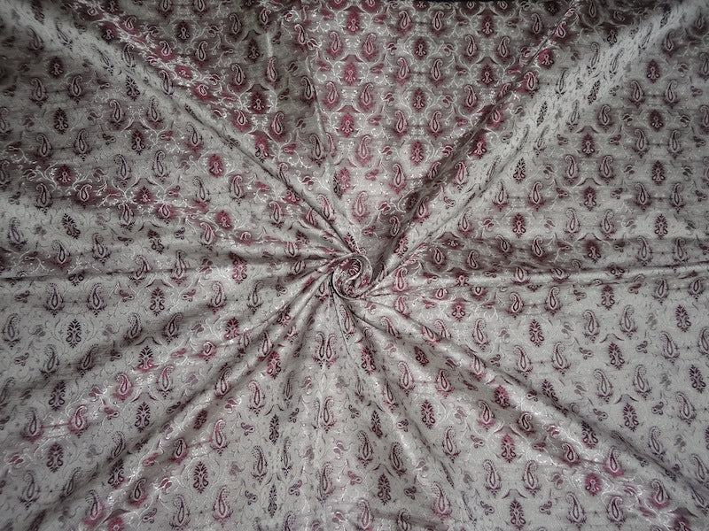 SILK BROCADE FABRIC Light Grey & Wine 44" wide BRO345[5]