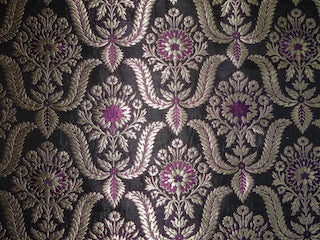 Pure Heavy Silk Brocade Fabric Purple,Black &amp; Metallic Gold color 34&quot;