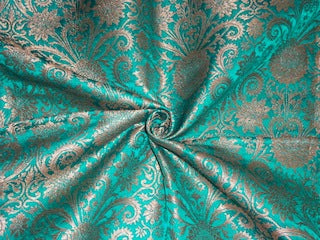 Pure Heavy Silk Brocade Fabric Aqua &amp; Metallic Gold color