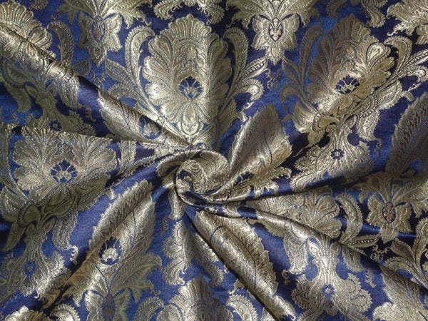 Heavy Silk Brocade Fabric Navy Blue x Metallic Gold Color 36" WIDE BRO502[1]