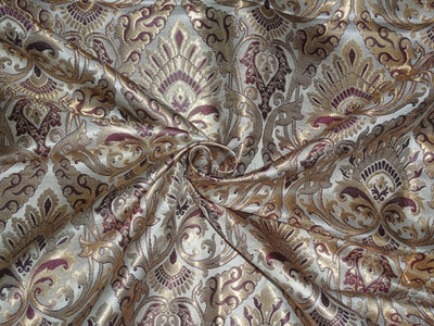 Heavy Silk Brocade Fabric Aubergine, Ivory x Metallic Gold Color 36" wide BRO509[3]