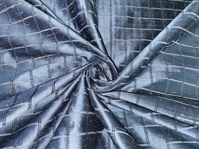 100% Silk DUPIONI Ribbed Iridiscent Icy Blue x Black Color PLAIDS fabric 54" wide DUP#C69[3]