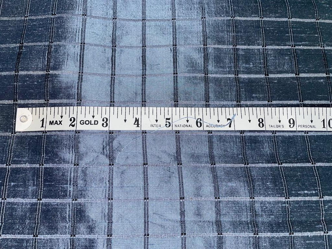100% Silk DUPIONI Ribbed Iridiscent Icy Blue x Black Color PLAIDS fabric 54" wide DUP#C69[3]