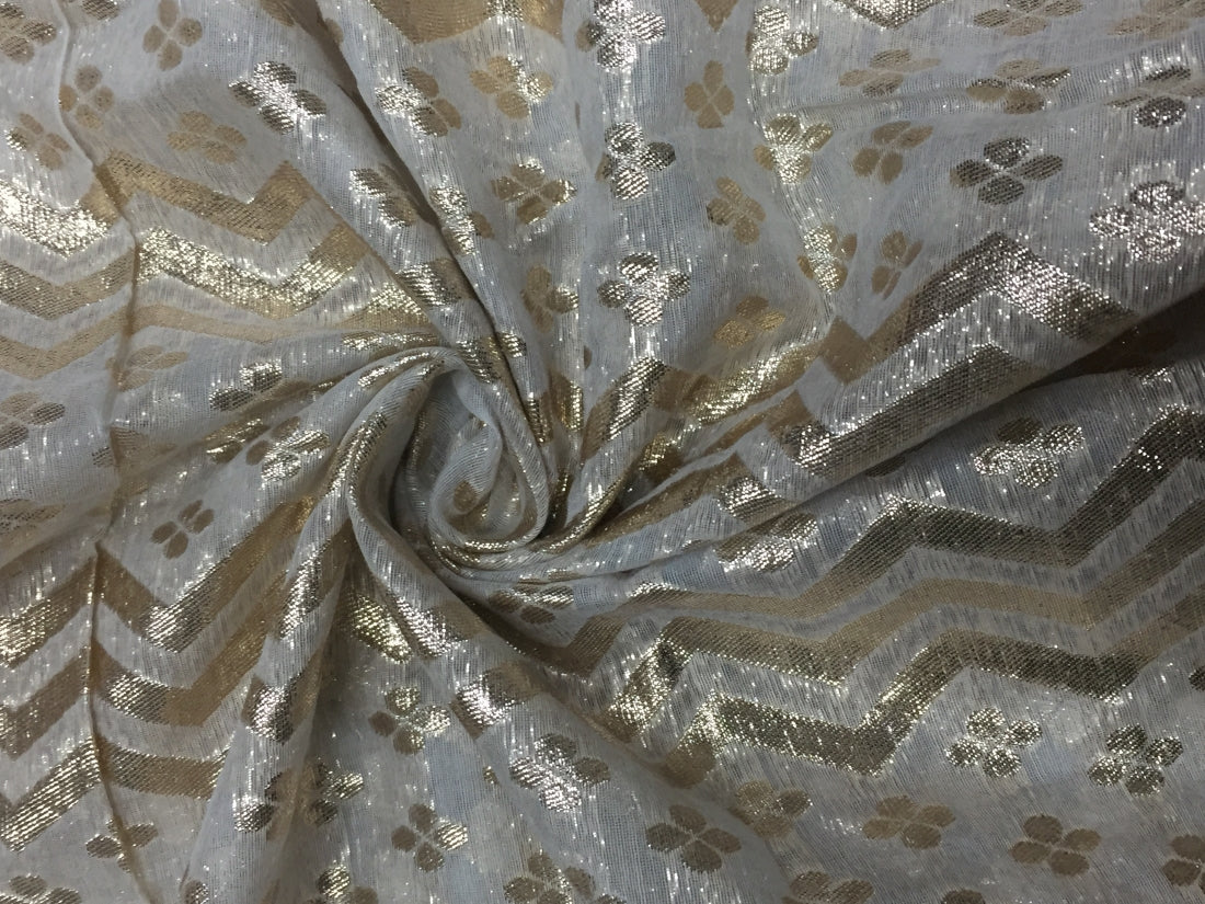 Chanderi pure silk fabric metallic gold color work 44'' wide by the yard