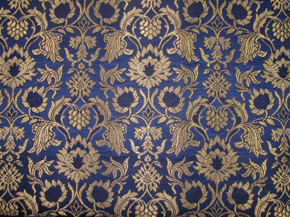 Silk Brocade fabric navy blue x metallic gold color 44" wide BRO719A[3]