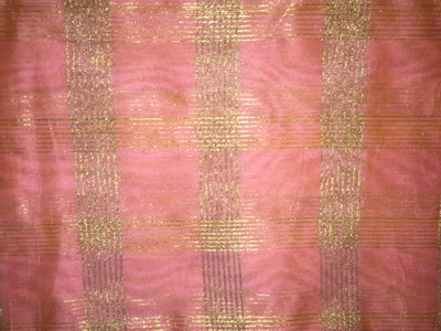 Chanderi Peachy Pink Tissue fabric with metallic gold checks - 44'' wide