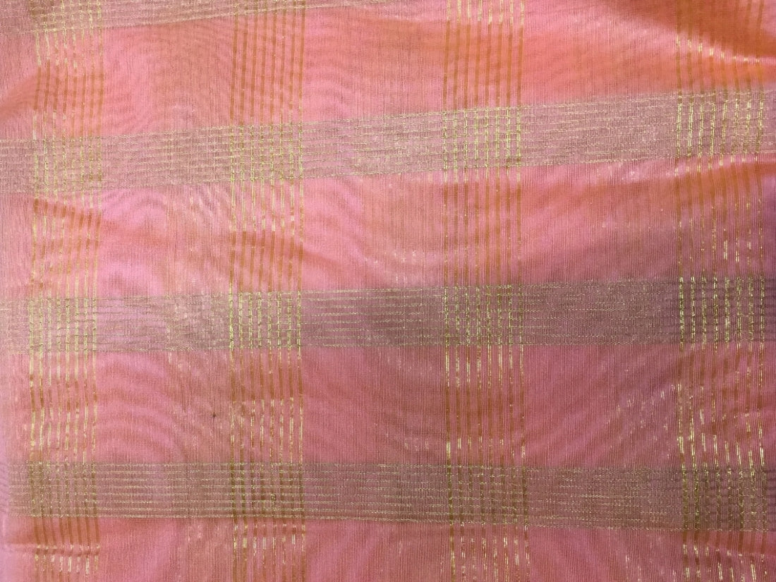 Chanderi Pink Tissue fabric with metallic gold Plaids - 44'' wide sold by the yard.