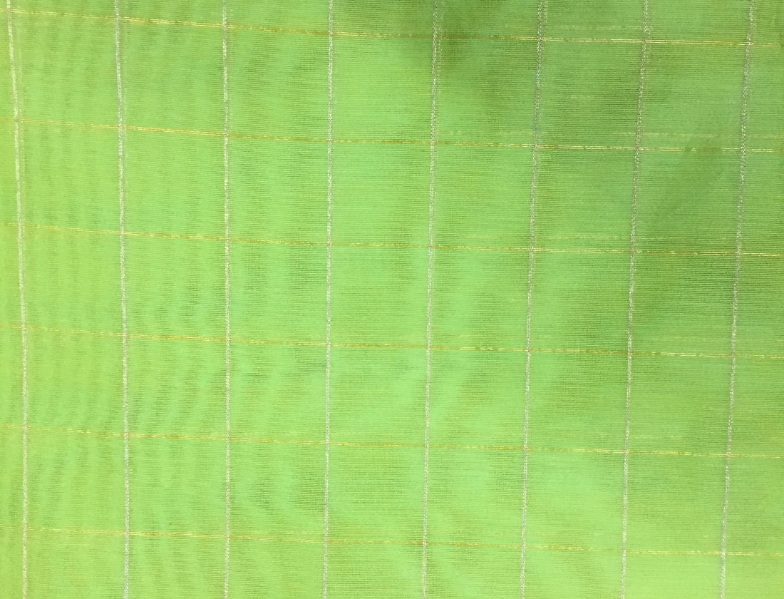 Chanderi LIME GREEN Tissue fabric with Single metallic gold Checks 44'' wide