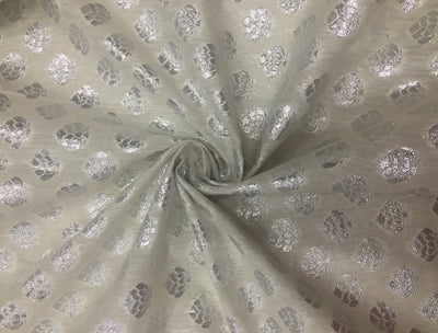 Cotton Chanderi silk fabric dyeable natural white with silver motifs 44'' wide