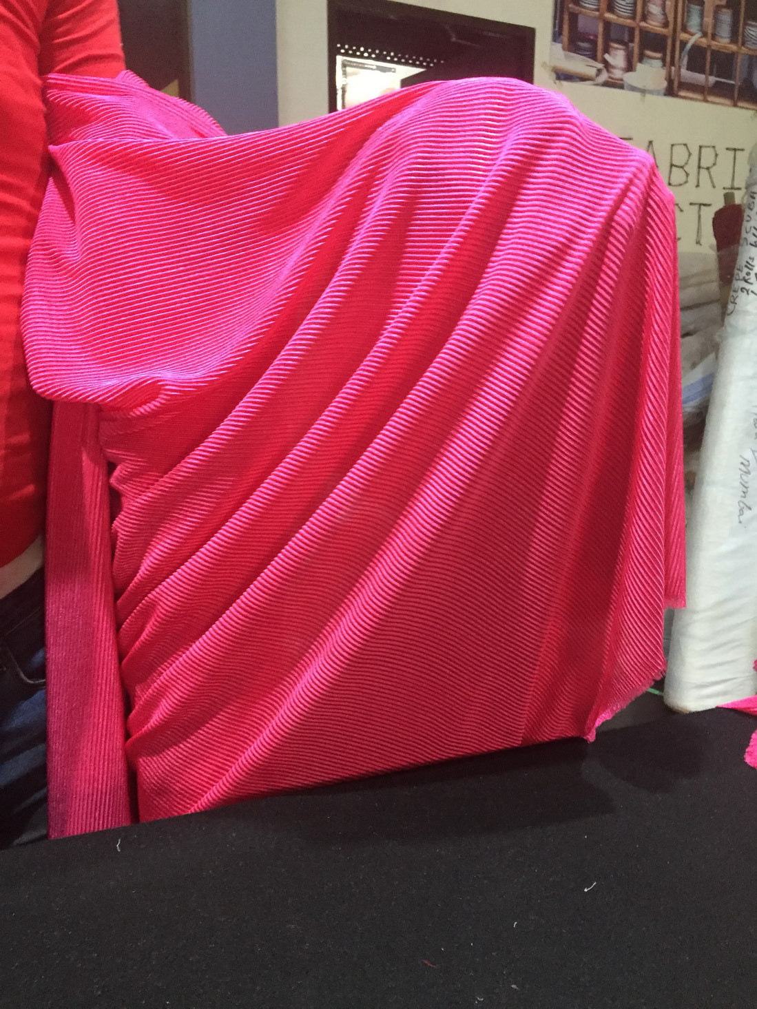 Bright Pink color crushed polyester pleated satin fabric ~ 59''wide