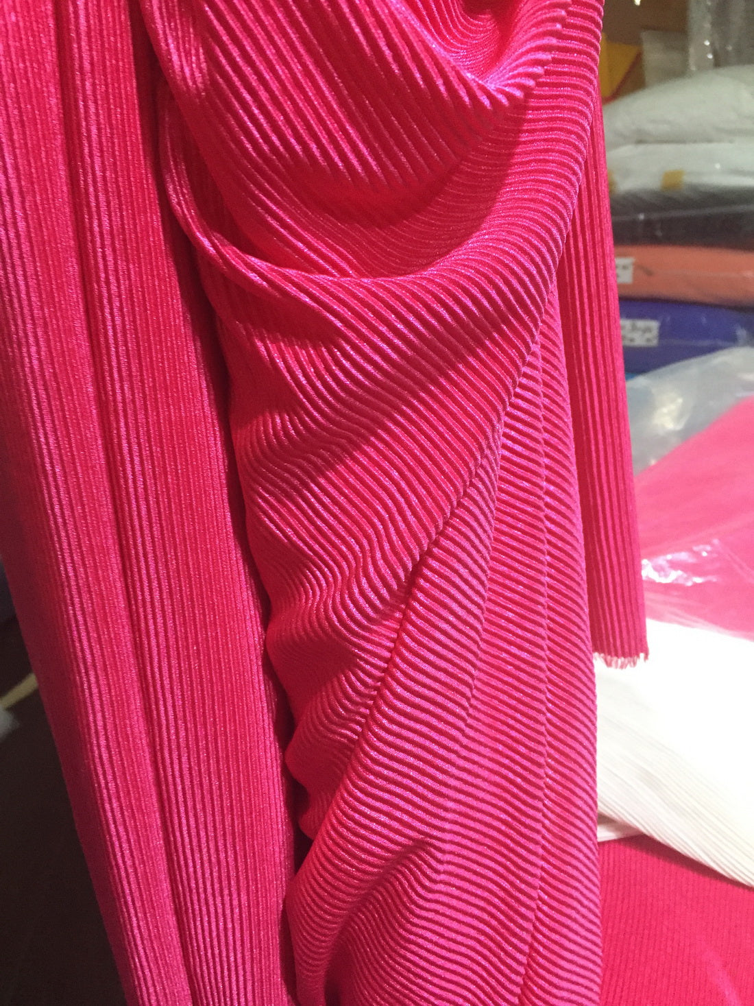 Bright Pink color crushed polyester pleated satin fabric ~ 59''wide