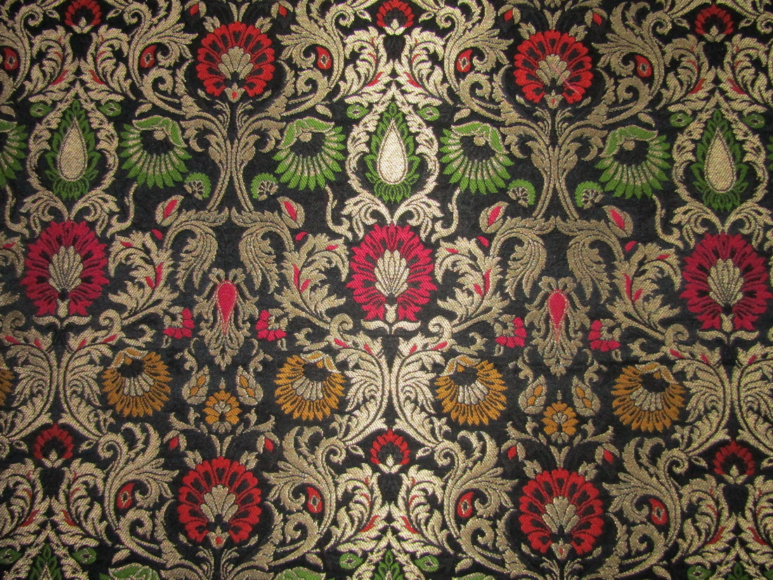 Silk Brocade fabric black red pink yellow and green floral x metallic gold color 44" wide BRO720[4