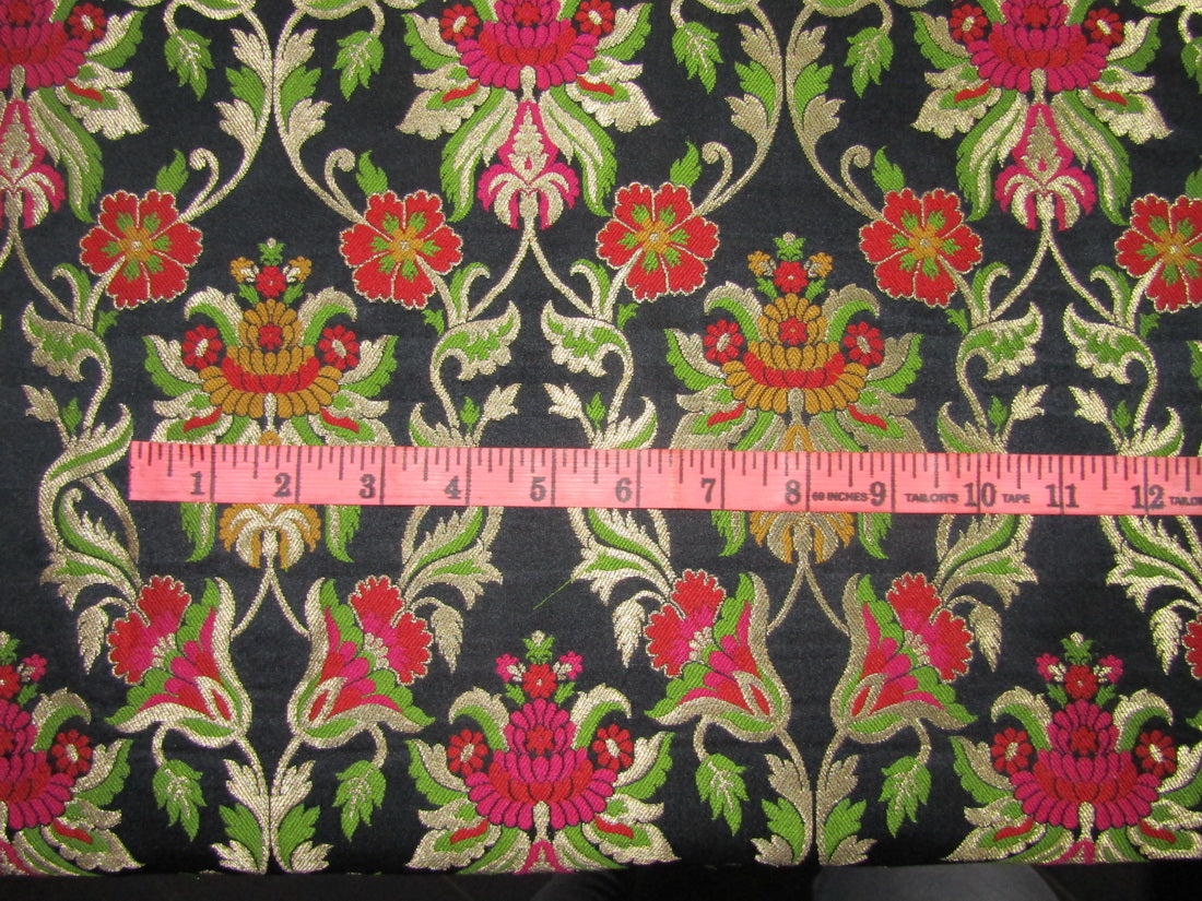 Silk Brocade fabric black red pink and green floral x metallic gold color 36" wide BRO720[3]