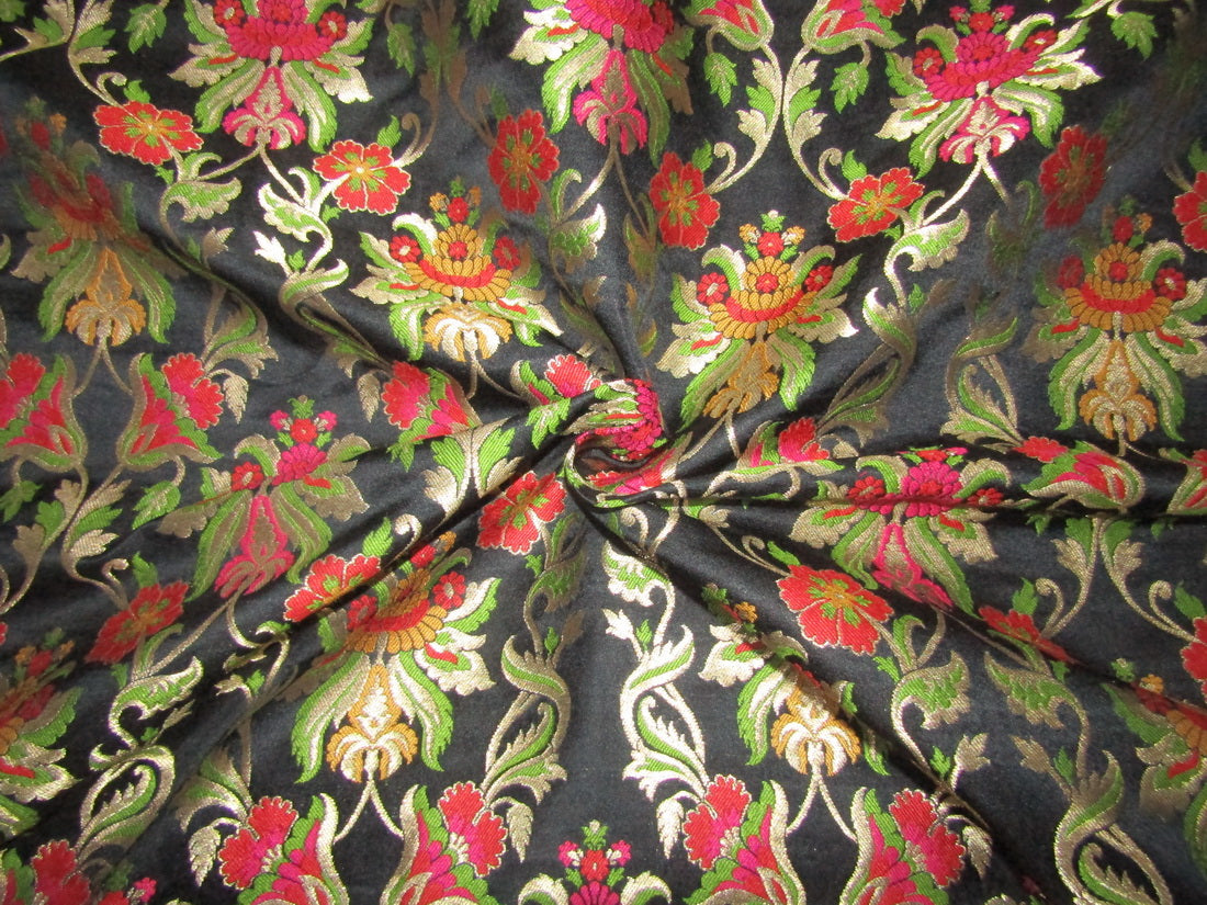 Silk Brocade fabric black red pink and green floral x metallic gold color 36" wide BRO720[3]