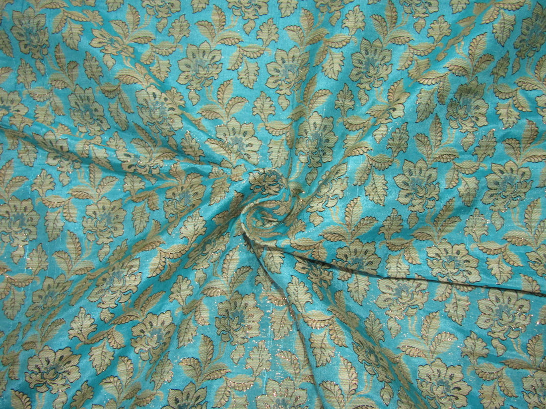 SILK BROCADE FABRIC Blue,Beige &amp; Metallic Bronze color 44" WIDE BRO251[4]