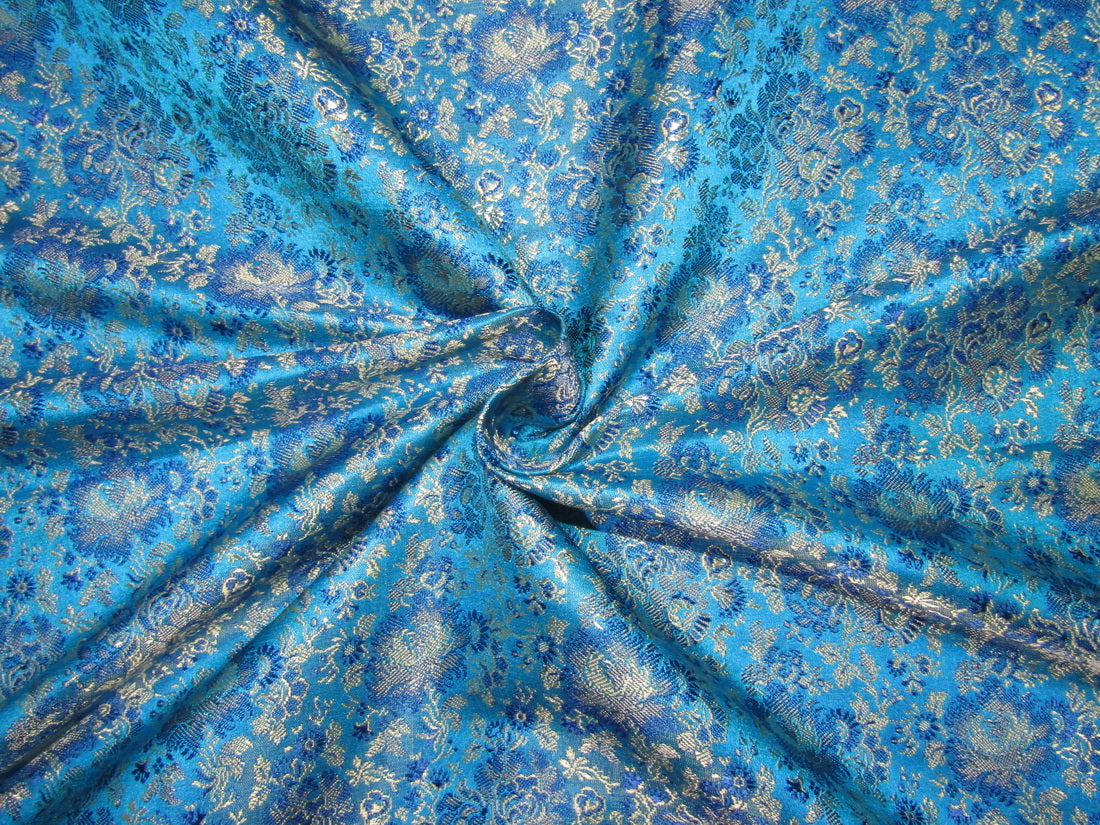 SILK BROCADE FABRIC Blue & Light Gold color 44" wide 0.92 YARDS BRO233[2]