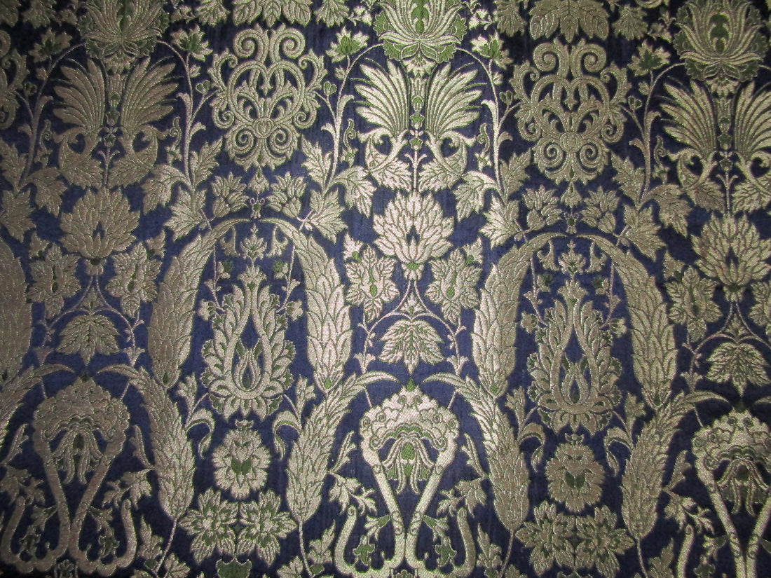 Heavy Silk Brocade Fabric Green,Navy Blue &amp; Metallic Gold 89 CMS