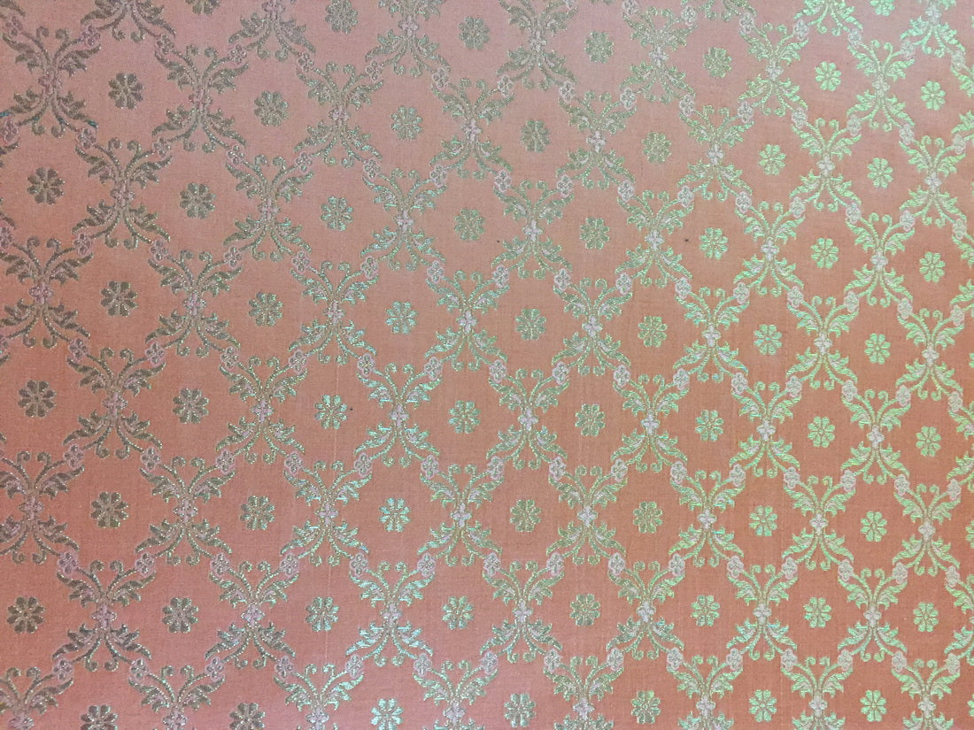 Silk Brocade fabric peachy orange x metallic gold 44" wide BRO702[4]