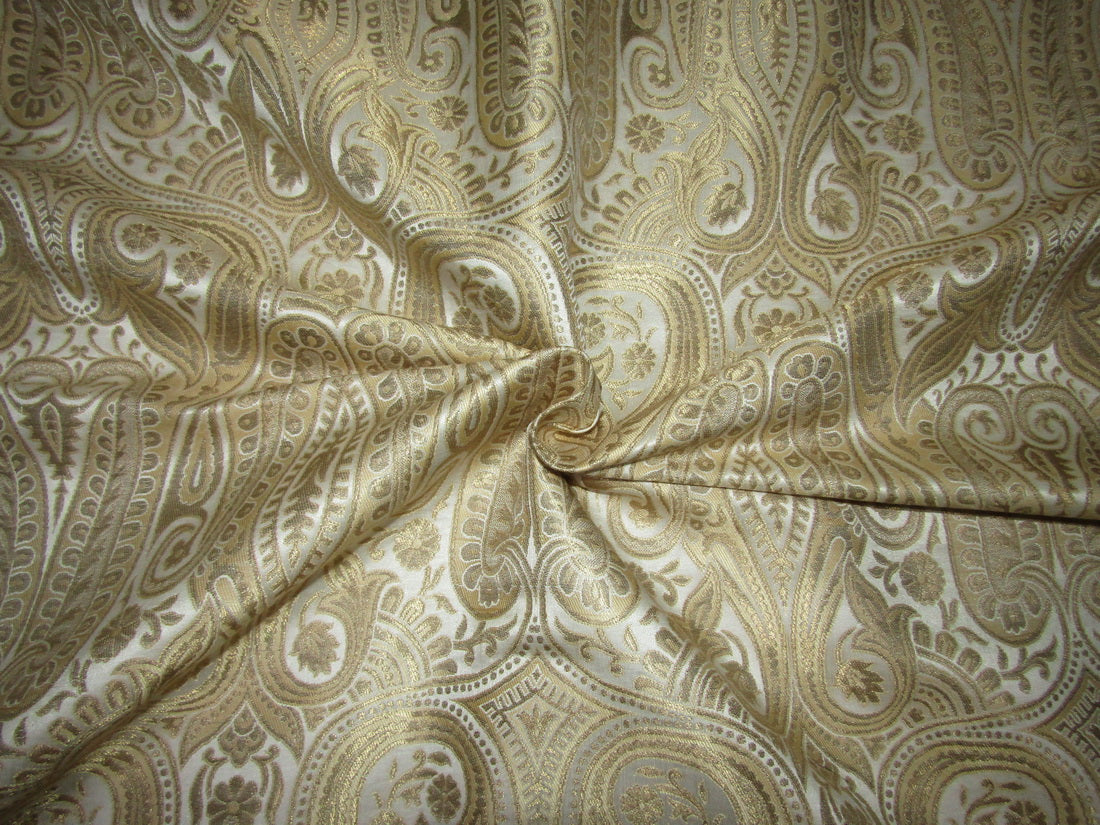 Silk Brocade fabric ivory and metallic gold paisleys color 36" wide BRO729[5]