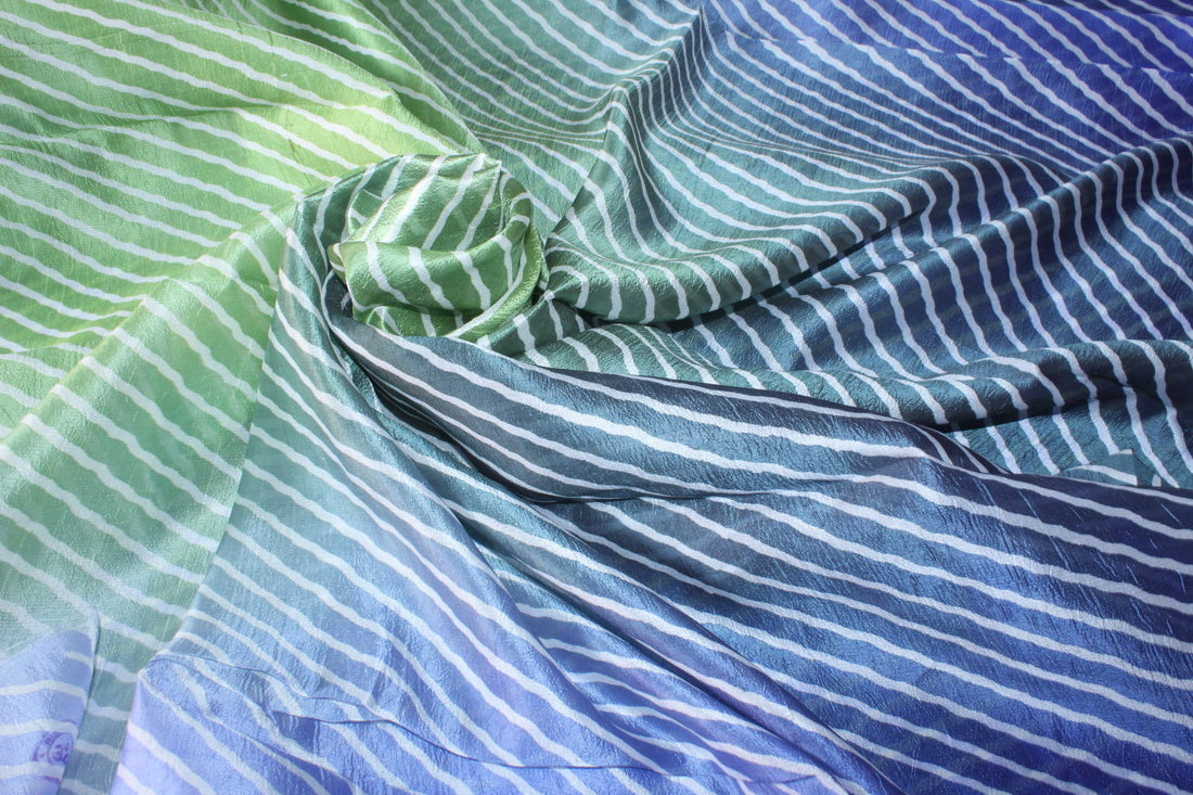 100% silk fabric 14 MM STRIPED BLOCK PRINT fabric 44&quot; wide royal blue/blue and green