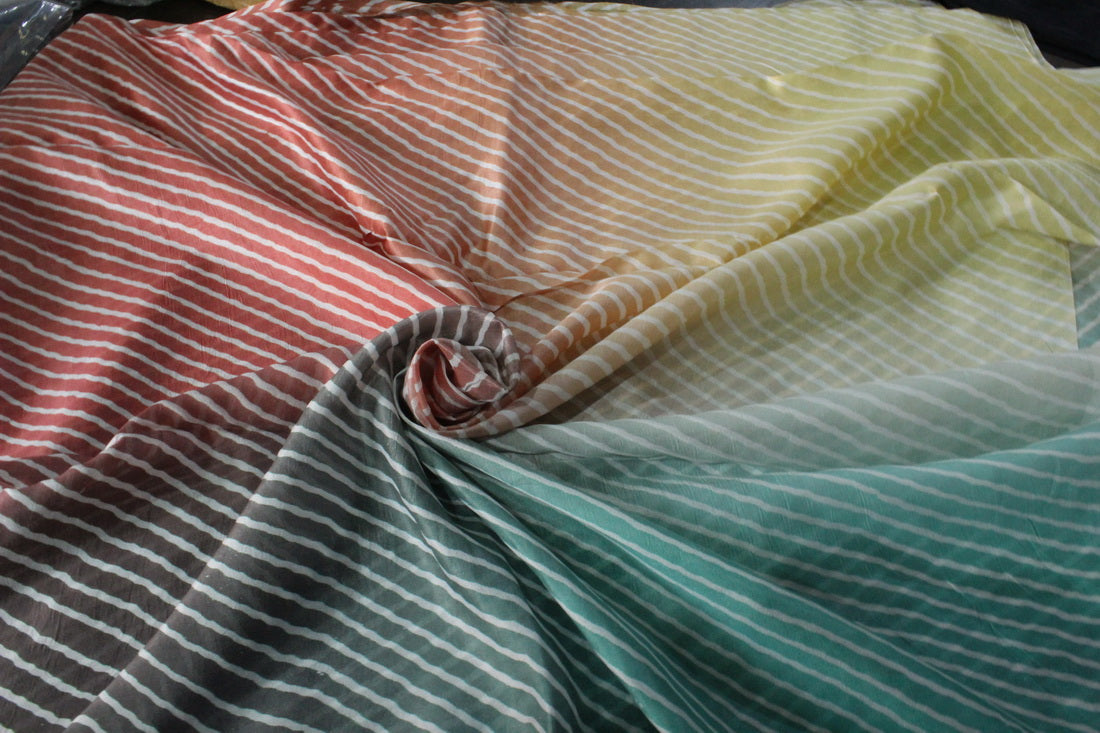100% silk fabric 14 MM STRIPED BLOCK PRINT fabric 44&quot; wide GOLDEN BEIGE/MINT/SALMON PINK/GREEN