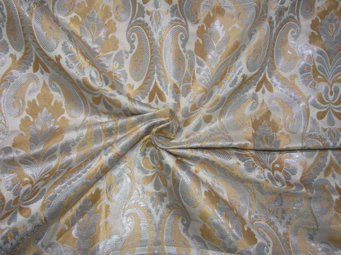 Silk Brocade KING KHAB fabric ivory gold and metallic silver color 36" wide BRO758[1]