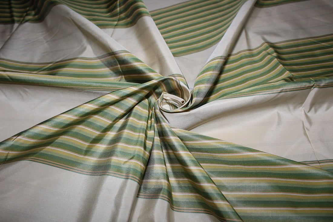 100% Silk Taffeta Fabric shades of green,gold and cream Stripes TAFS161[1] 54&quot; wide