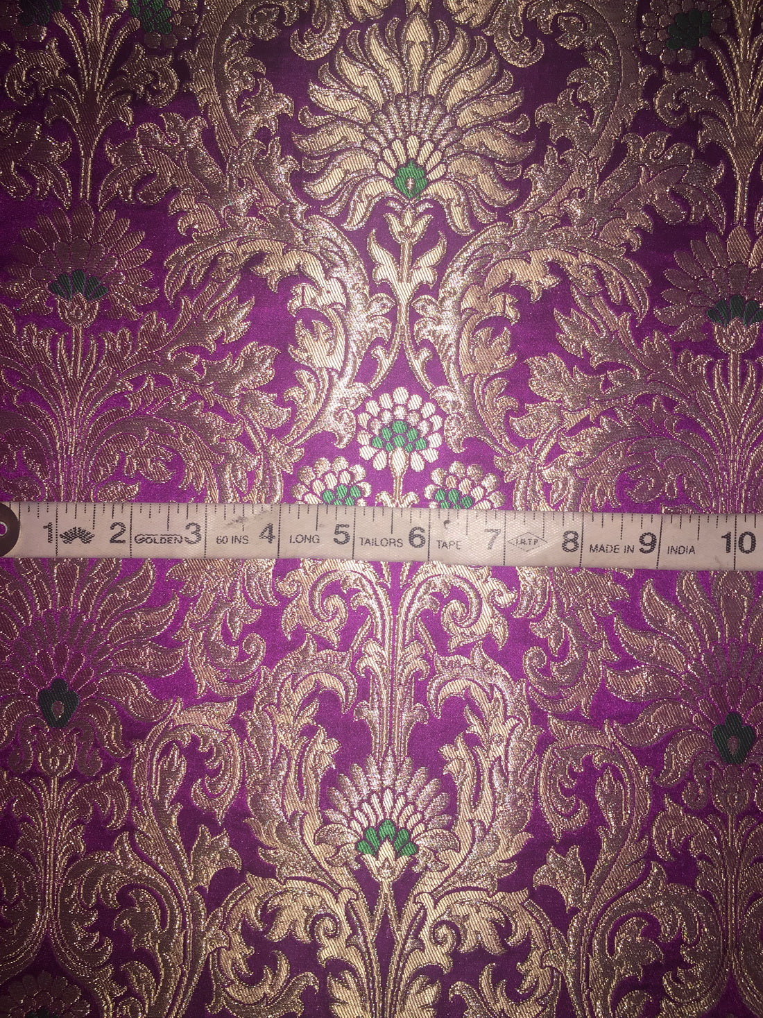 Heavy Silk Brocade Fabric Purple,Metallic Gold &amp; Green color 36&quot;