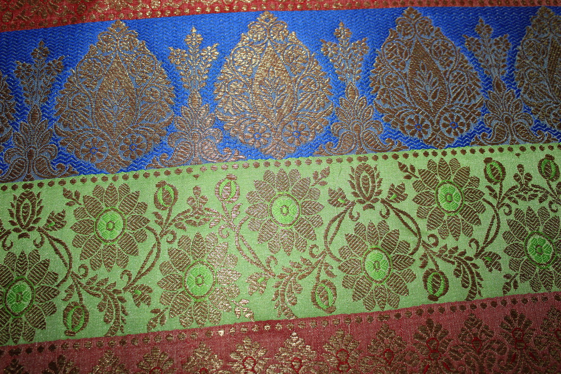 Brocade jacquard Fabric green/blue/salmon/red &amp;metallic gold