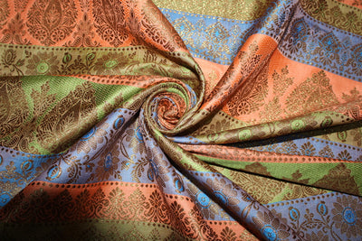 Brocade jacquard Fabric peach,green,blue &amp;metallic gold
