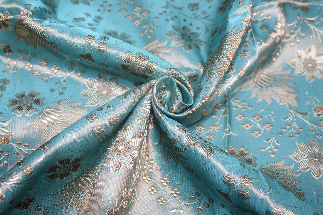 SILK BROCADE JACQUARD FABRIC Sea Blue & Gold color 44" wide BRO19[1]