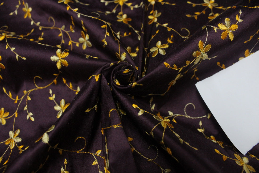 100% SILK DUPION AUBERGINE WITH GOLD FLORAL EMBROIDERY 54" WIDE DUPE60[2]