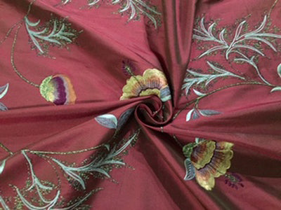 100% SILK DUPION Maroon with FLORAL EMBROIDERY 54&quot; wide