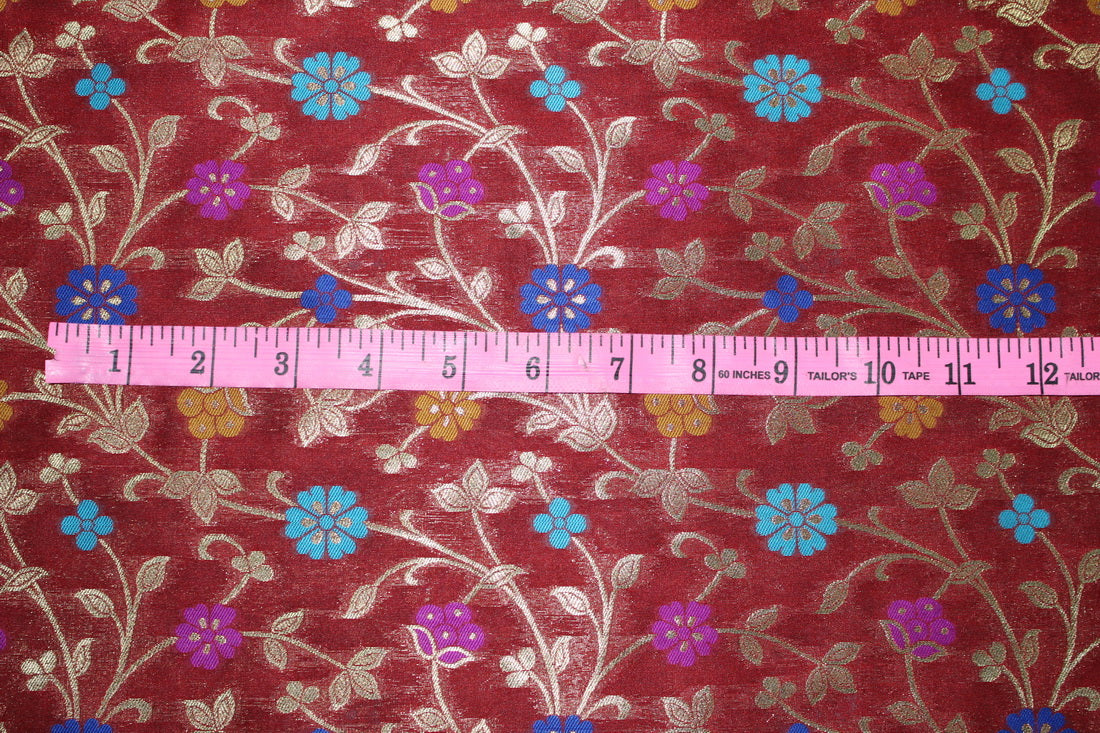 Brocade Fabric RED WINE x metallic gold color WITH MULTI COLOR FLOWERS 44&quot;