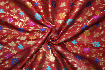 Brocade Fabric RED WINE x metallic gold color WITH MULTI COLOR FLOWERS 44&quot;