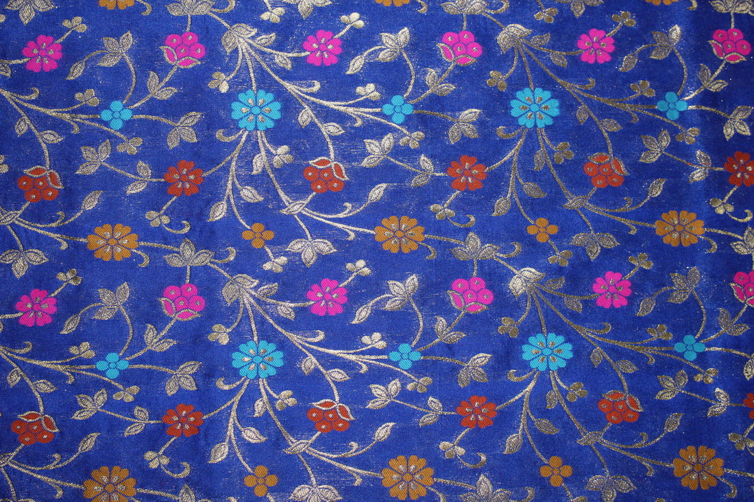 Brocade Fabric INK BLUE x metallic gold color WITH MULTI COLOR FLOWERS 44&quot;