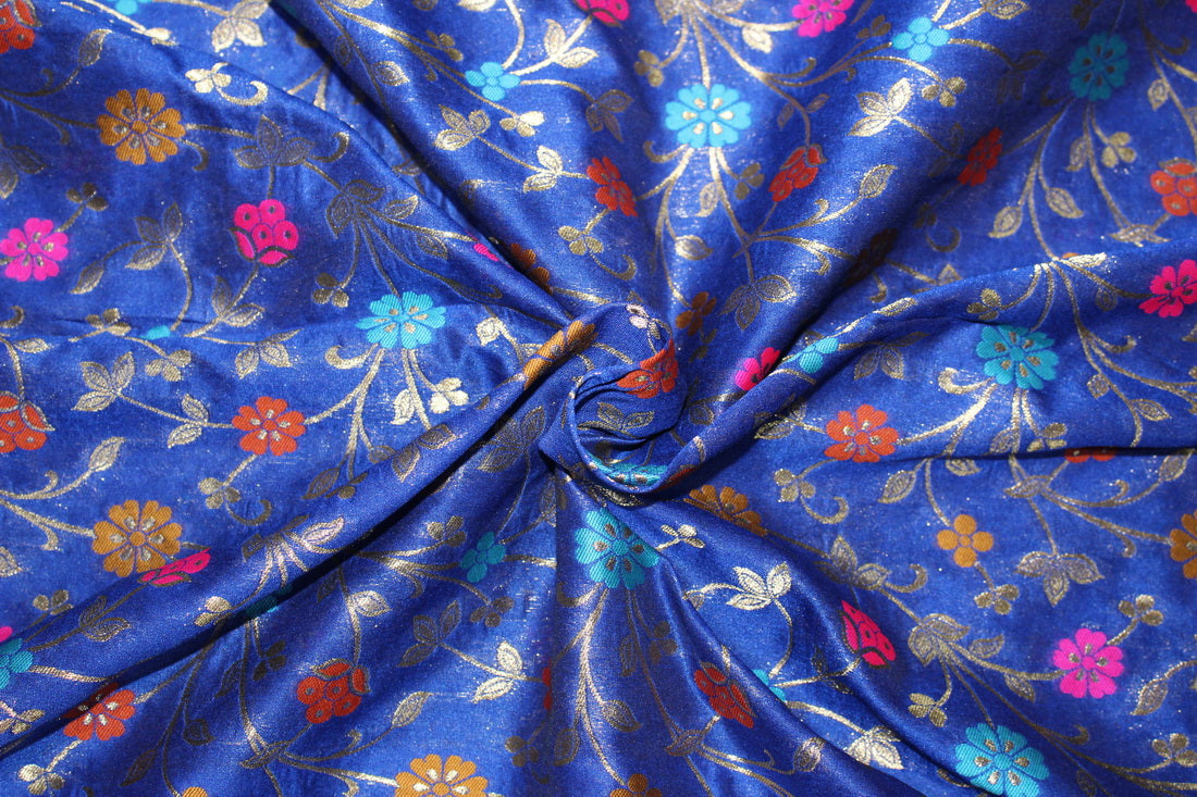 Brocade Fabric INK BLUE x metallic gold color WITH MULTI COLOR FLOWERS 44&quot;