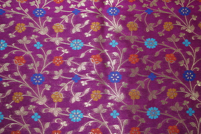 Brocade Fabric AUBERGINE x metallic gold color WITH MULTI COLOR FLOWERS 44&quot;