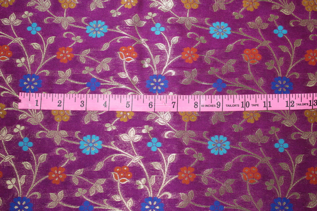 Brocade Fabric AUBERGINE x metallic gold color WITH MULTI COLOR FLOWERS 44&quot;