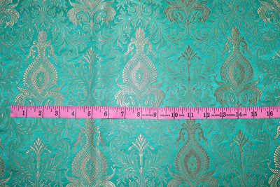Brocade jacquard Fabric GREEN x METALIC gold color 44&quot;
