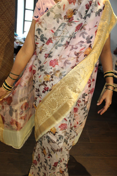 100% Silk Organza Indian with jacquard border Saree/Sari With Blouse Piece