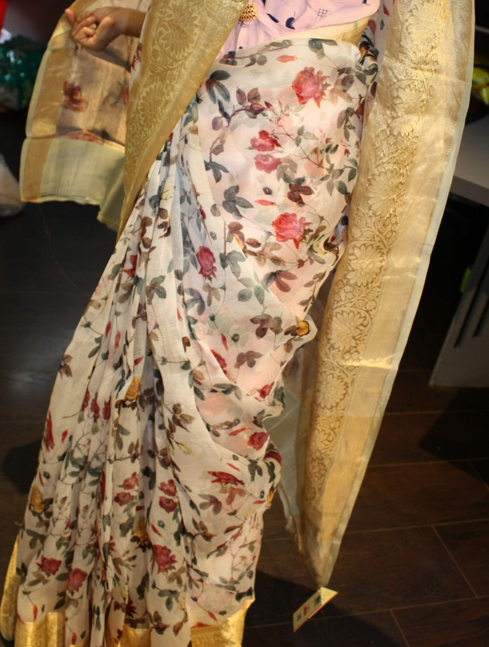 100% Silk Organza Indian with jacquard border Saree/Sari With Blouse Piece